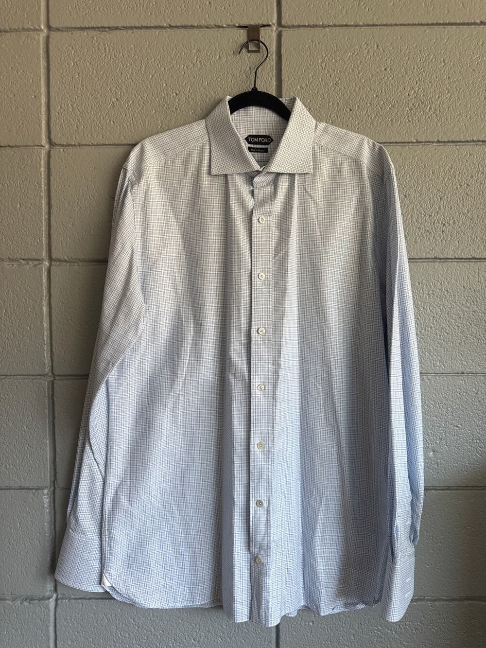 Tom Ford Blue and White Checked Long-sleeve Dress Shirt size 44